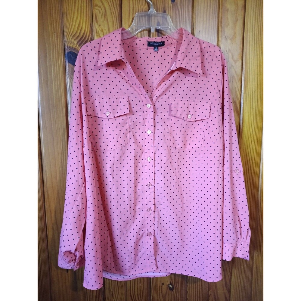 Notations Polka Dot Blouse Salmon Blk Dots Sz 3X Roll Tab Long Sleeves